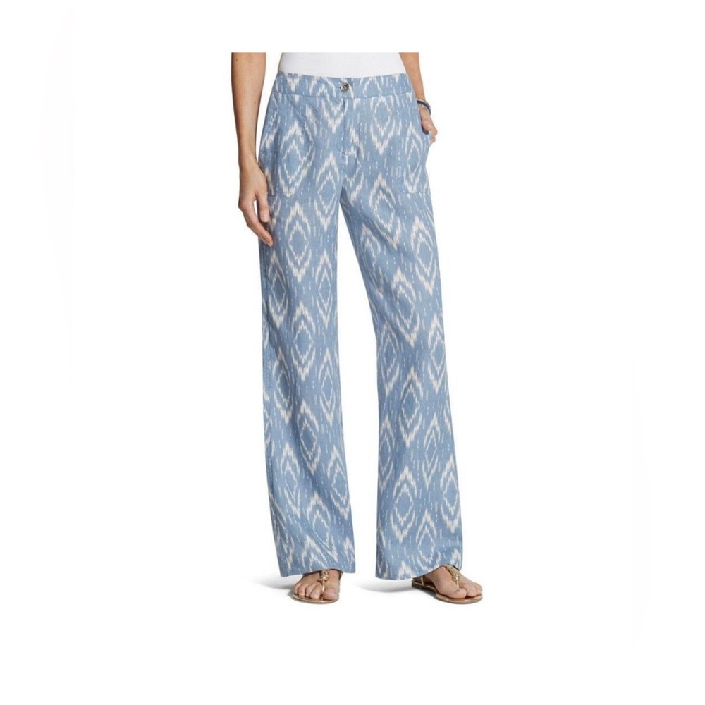 Chico’s Linen Pants in Blue and White Ikat Print| Size: 3